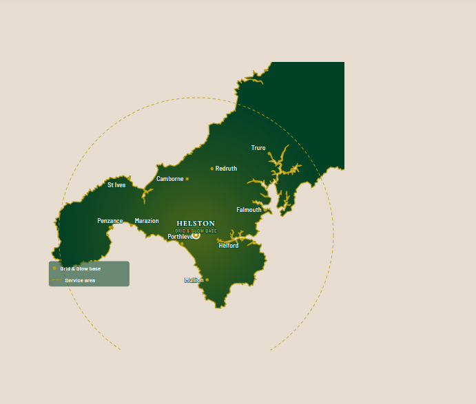 Map of South-West Cornwall showing Grid and Glow service area centred on Helston